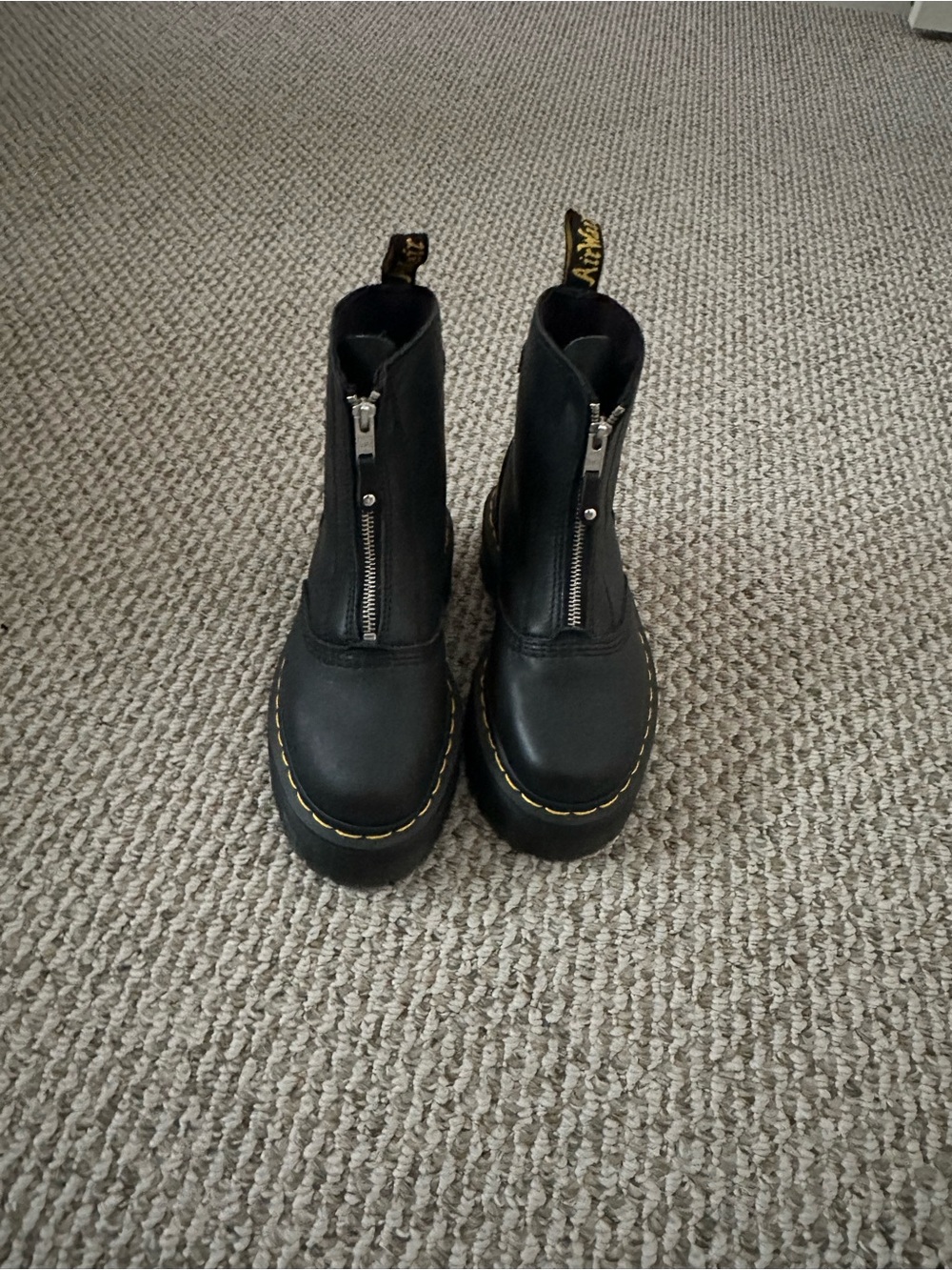 Dr. Martens Black Platform Zip Front Boots with Yellow Stitching